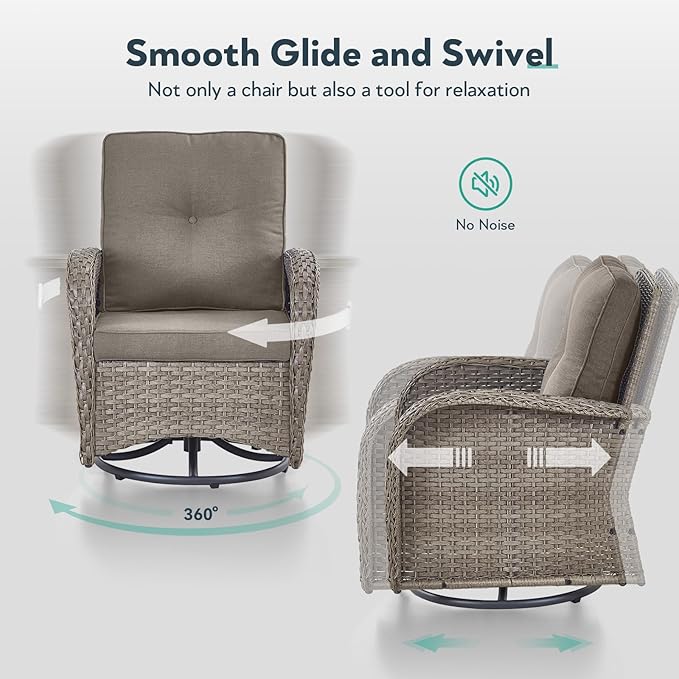 5 Piece Patio Furniture Set - Wicker Patio Conversation Set with Swivel Glider, 3 Seat Sofa, Tempered Glass Side Table and Coffee Table for Deck Backyard - Grey Wicker Grey Cushion