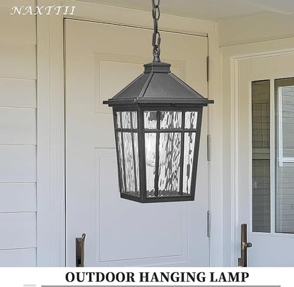 Large Outdoor Pendant Lights for Porch 15.2 Inch Dusk to Dawn Black Hanging Porch Lights Outdoor Waterproof Exterior Hanging Light Fixture with Adjustable Chain E26 Socket