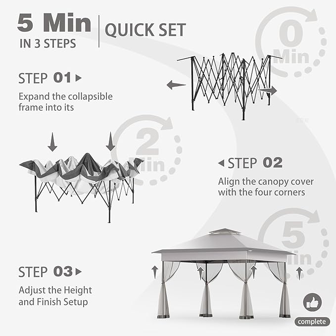 Bezseller 11x11 Pop Up Gazebo Tent with Mosquito Netting – Quick Set Up, Water-Resistant Outdoor Canopy for Patio, Garden, Backyard, and More,Light Grey