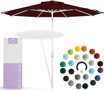 Midtown Umbrellas The Swilt 8 Feet Patio Umbrella in Sunbrella Burgundy Acrylic Fabric - Fiberglass Ribs, Auto-Tilt Aluminum Frame For Backyard, Deck, Garden, Pool - White Pole