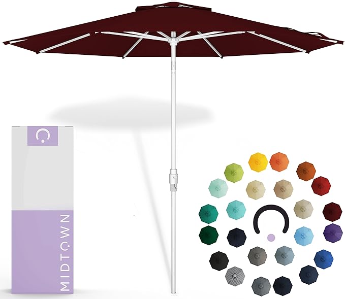 Midtown Umbrellas The Swilt 9 Feet Patio Umbrella in Sunbrella Burgundy Acrylic Fabric - Fiberglass Ribs, Auto-Tilt Aluminum Frame For Backyard, Deck, Garden, Pool - White Pole