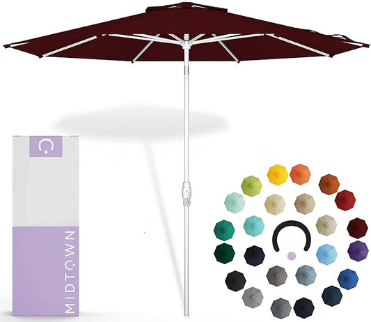 Midtown Umbrellas The Swilt 10 Feet Patio Umbrella in Sunbrella Burgundy Acrylic Fabric - Fiberglass Ribs, Auto-Tilt Aluminum Frame For Backyard, Deck, Garden, Pool - White Pole