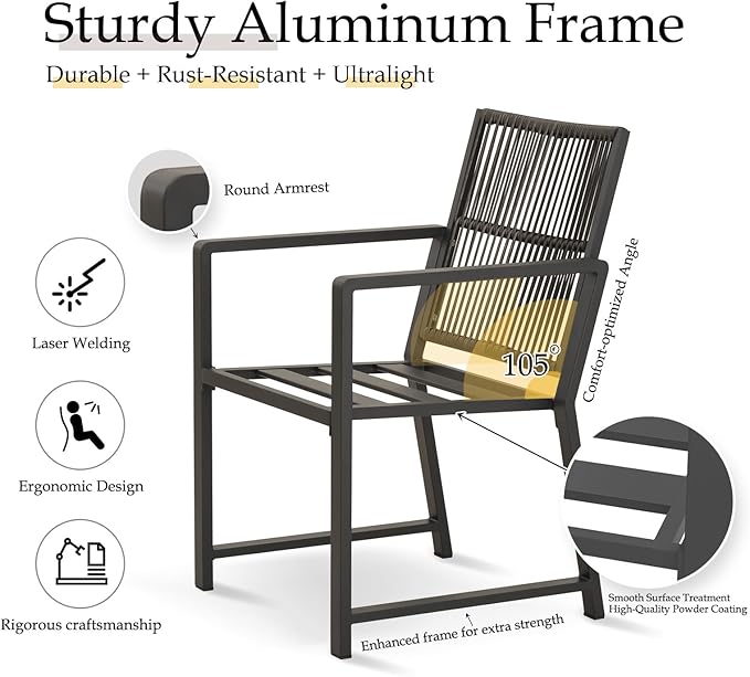 3 Pieces Aluminum Outdoor Dinning Set Featuring 1 Tables and 2 Ratten Chairs Waterproof and Rust-Proof Courtyard Style Table Garden/Balcony/Poolside, Black 3Pcs