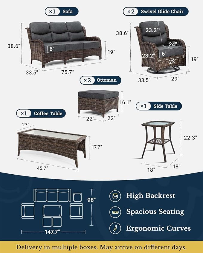 HILLGA Luxury Patio Furniture Set with 6-inch Thick Cushion, Outdoor Couch and High Back Swivel Rocker Patio Chairs, 7PCS Wicker Conversation Set for Deck Yard and Poolside, Dark Grey (V2)