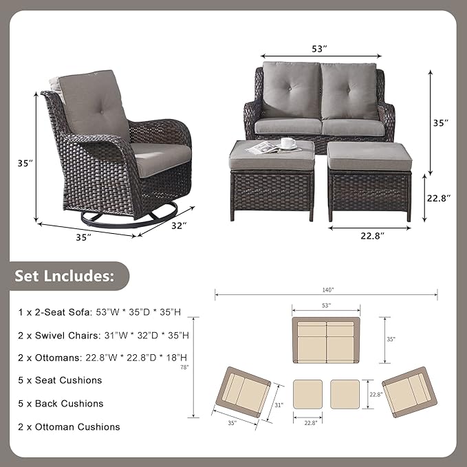 Rilyson 5 Piece Outdoor Patio Furniture Set - Rattan Wicker Patio Conversation Sets with 2 Swivel Rocker Chairs,2 Ottomans and 1 Loveseat for Outside Porch Deck Backyard(Brown/Grey)