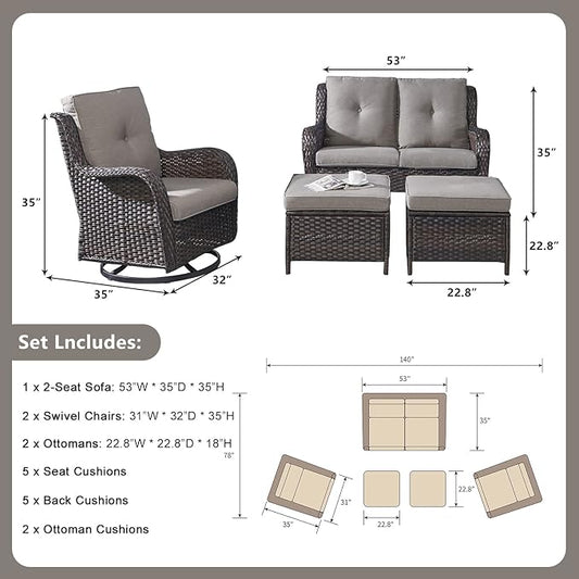 Rilyson 5 Piece Outdoor Patio Furniture Set - Rattan Wicker Patio Conversation Sets with 2 Swivel Rocker Chairs,2 Ottomans and 1 Loveseat for Outside Porch Deck Backyard(Brown/Grey)