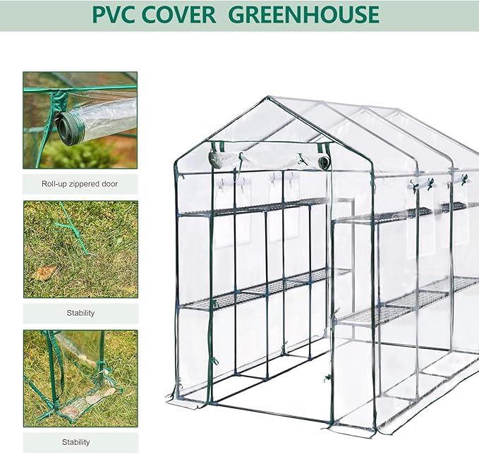Greenhouse, 57 x 85 x 77'' Greenhouses for Outdoors, with Mesh Side Windows, PE Cover, 8 Shelves, Heavy Duty Walk in Green House for Backyard Garden Indoor, White& Green Outside