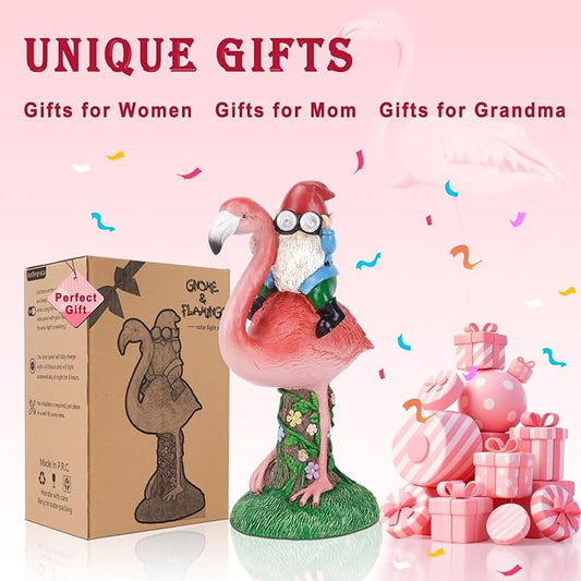Solar Flamingo Gnome Garden Decor Statue, Outdoor Funny Solar Light Decoration for Yard, Patio, Lawn, Unique Housewarming, Birthday Gift for Women, Mom, Grandma