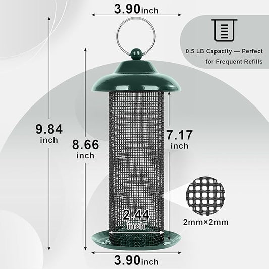 FEED GARDEN 2 Pack Bird Feeders for Outdoors Hanging Finch Feeder for Nyjer Thistle Seed Metal Mesh Tube Feeders Squirrel Proof 0.5 LB Green