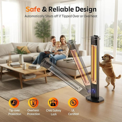 Outdoor Electric Patio Heater, 42-inch 1500W Infrared Tower Heater with 9 Heat Settings & 9H Timer, IPX5 Waterproof, Safety Lock, Tip-Over & Overheat Protection Space Heater for Indoor & Outdoor Use
