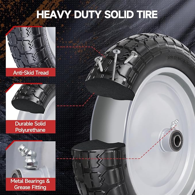 4.80/4.00-8 Tire and Wheel, 14.5" Flat Free Wheelbarrow Tire, 5/8" 3/4" Bearings Universal Solid Replacement Tires, 3" -7" Centered Hub for Hand Truck, Garden Cart, Includes Spacer Kit