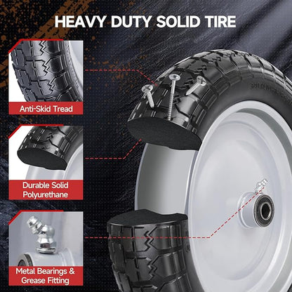 4.80/4.00-8 Tire, 14.5" Flat Free Wheelbarrow Tire and Wheel, 5/8" 3/4" Bearings Solid Replacement Tires, 3" -7" Centered Hub, Universal Fit 4.80/4.00-8, 3.50/3.00-8, 4.00-6, 2 Pack