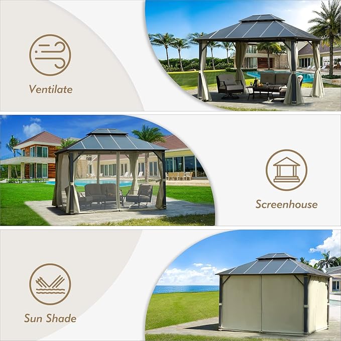 MELLCOM 10x12FT Hardtop Gazebo, Permanent Outdoor Aluminum Patio Gazebo with Aluminum Composite Double Roof for Patio Lawn and Garden, Curtains and Netting Included