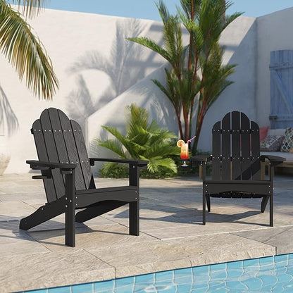LUE BONA HDPS Adirondack Chairs Set of 4, Fire Pit Outdoor Chair Weather Resistant with Cup Holder, Modern Plastic Chair Plastic for Patio, Deck, Proch, Hotel, Resort, 350LBS, Black