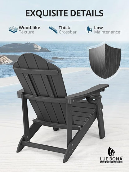 LUE BONA HDPE Adirondack Chairs Set of 4,Plastic Adirondack Chairs with Cup Holder Weather Resistant for Outdoor, Patio, Lawn, Garden, Backyard Deck, Fire Pit, Black