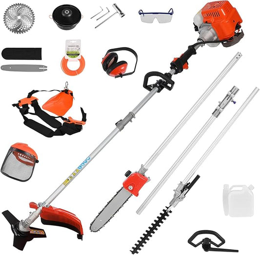Gas Weed Eater 6 in 1 Hedge Trimmer Grass Trimmer, 52cc 2 Cycle Weed Wacker with Anti-Slip Handle Brush Cutter Garden Tools Edger Lawn Tool Orange