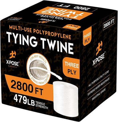 Polypropylene Tying Twine - 3 Ply White Plastic Poly Twine String 2800' Roll - Soft On Hands - Heavy Duty Outdoor & Indoor Tie Line - Baling, Shipping & Bundling Twine, Packaging Rope