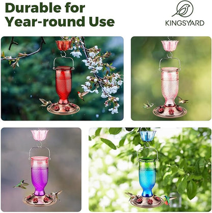 Kingsyard Glass Hummingbird Feeders for Outdoors, 24 oz Hummingbird Nectar Feeder for Outdoors Garden Yard D�cor, 6 Feeding Ports, Ant Moat Included, Easy to Clean & Refill, Purple