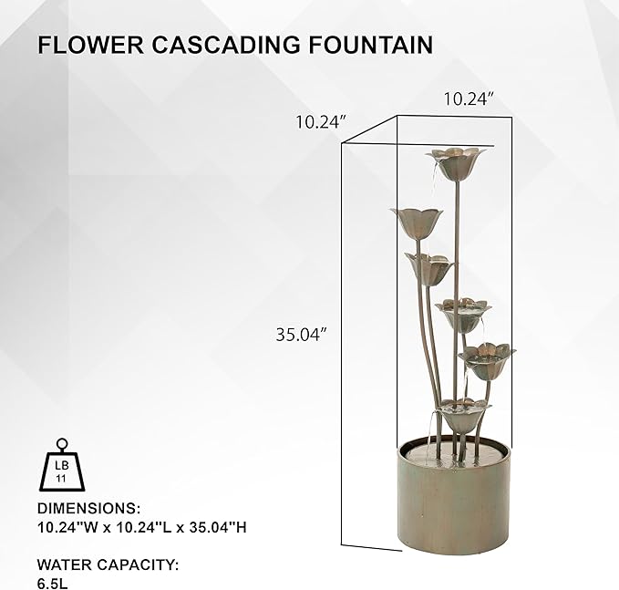 XBrand Metal Sculptural Multi-Tiered Flower Water Fountain, Bronze, 46" Tall