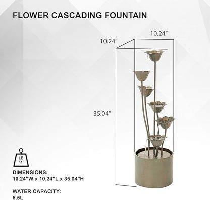 XBrand Metal Sculptural Multi-Tiered Flower Water Fountain, No LED Lights, Silver, 35" Tall