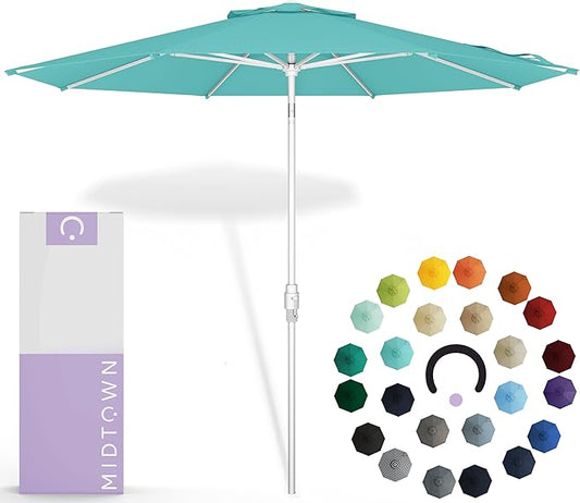 Midtown Umbrellas The Swilt 10 Feet Patio Umbrella in Sunbrella Aruba Acrylic Fabric - Fiberglass Ribs, Auto-Tilt Aluminum Frame For Backyard, Deck, Garden, Pool - White Pole