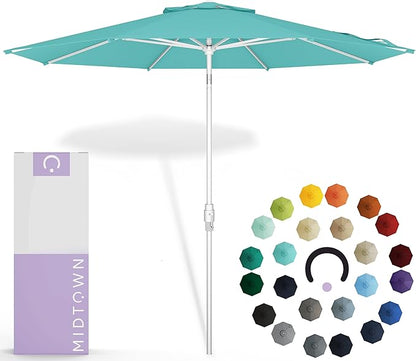 Midtown Umbrellas The Swilt 8 Feet Patio Umbrella in Sunbrella Aruba Acrylic Fabric - Fiberglass Ribs, Auto-Tilt Aluminum Frame For Backyard, Deck, Garden, Pool - White Pole
