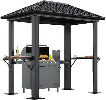 Aoxun Grill Hardtop Gazebo 5'x8', Aluminum Frame Canopy with Galvanized Steel Roof for Outside BBQ Party, Outdoor Metal Pavilion with Double Side Shelves for Backyard, Patio and Deck