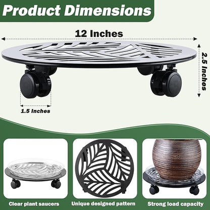 2 Packs Large Metal Plant Caddy with PU Wheels 12" Heavy-Duty Wrought Iron Rolling Plant Stands Indoor Outdoor Wheeled Plant Dolly Planter Mover Rollers Plant, Leaf Style