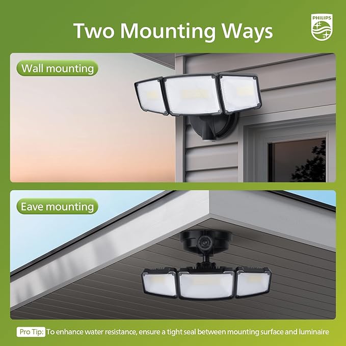 Philips 72W 7400LM Dusk to Dawn Security Lights Outdoor, LED Aluminum Flood Light, 3 Adjustable Heads, 5000K Daylight, Waterproof for Garage, Yard, Patio