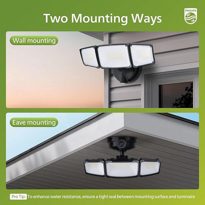 Philips 72W 7400LM Dusk to Dawn Security Lights Outdoor, LED Aluminum Flood Light, 3 Adjustable Heads, 5000K Daylight, Waterproof for Garage, Yard, Patio