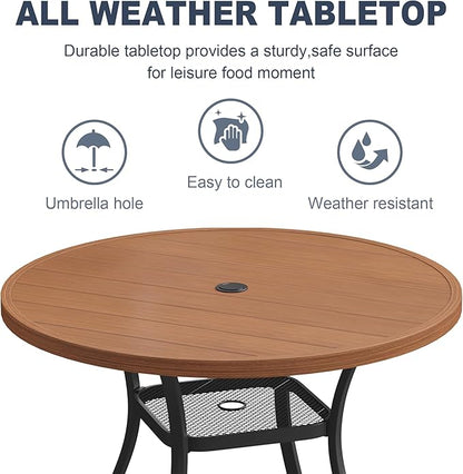 VICLLAX Round Patio Dining Table, 4-6 Person Metal Outdoor Dining Table with Umbrella Hole for Garden Lawn Deck, 47.2" Walnut