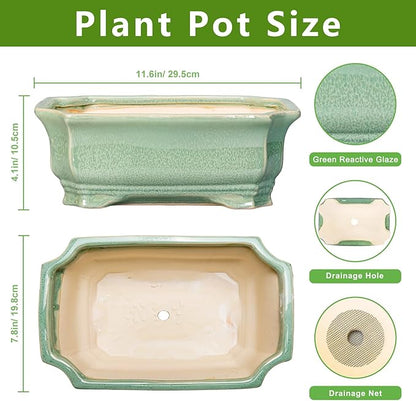 Bonsai Tree Pot 11.6 Inch - Ceramic Succulent Pots, Bonsai Planter for Indoor Outdoor, Decorative Plant Pot with Drainage Hole, Rectangular Flower Pot, Home Garden Decor, Garden Gifts, Green