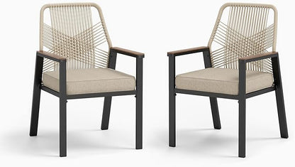 Patio Wicker Chair Sets of 2, Outdoor Dining Chairs with 3.1 inch Seat Cushions, Sturdy Metal Frame & Wood Grain Armrest, Beige