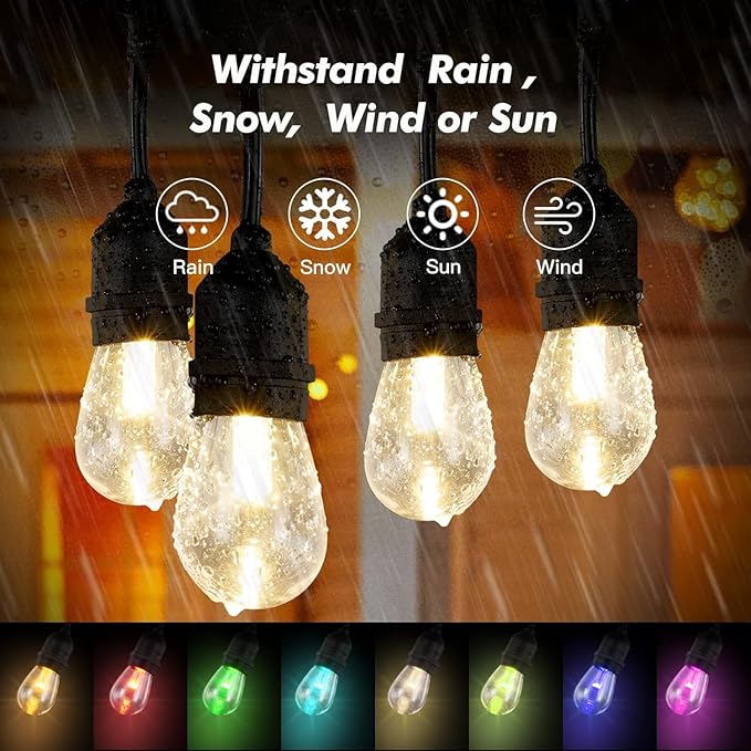 Auroraworld 96FT RGB Outdoor String Lights, Dimmable Color Changing Waterproof LED Patio Lights with Remote, 30 Shatterproof Bulbs for Garden Yard Party Decor