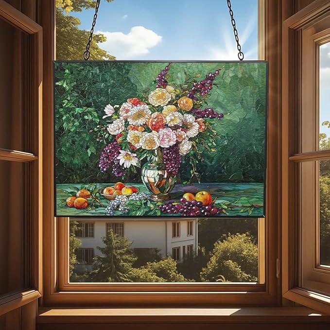 Customized Rectangle Flower Vase with Fruit Stained Glass Window Hangings, Handcrafted Stained Glass Suncatchers, Gift for Cat Lovers Nature Lovers 15"x11"