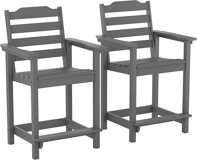 OTSUN 24 Inch HDPE Counter Height Outdoor Chair Set of 2 with Connecting Tray, All Weather Resistant Tall Adirondack Chairs for Balcony, Porch, Kitchen (2 PCS, Grey)