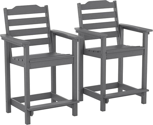 OTSUN 24 Inch HDPE Counter Height Outdoor Chair Set of 2 with Connecting Tray, All Weather Resistant Tall Adirondack Chairs for Balcony, Porch, Kitchen (2 PCS, Grey)