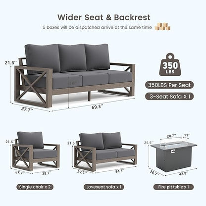 UDPATIO 5 Piece Aluminum Patio Furniture Set with Fire Pit Table,Faux Wood Patio Conversation Set with Olefin Fabric Thick Cushions, Aluminum Outdoor Furniture, 600D Waterproof Cover Included, Grey