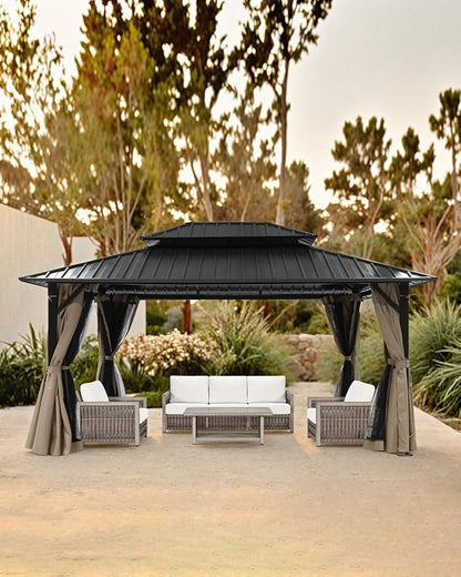 10' x 12' Hardtop Gazebo, Aluminum Frame Outdoor Patio Gazebo with Netting and Curtains, Outdoor Hardtop Gazebos, Patio Pergolas with Double Metal Roofs for Backyard, Patio, Deck, Sandstone