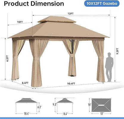 Outdoor Gazebo Metal Frame Patio Pergola Double Roofs Patio Canopy with Double-Layer Door and Mosquito Netting for Deck, Backyard, Lawn (Beige, 10x12FT)