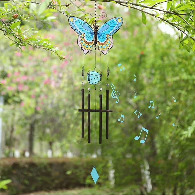 MUMTOP Butterfly Wind Chimes for Outside, Stained Glass Wind Chime Windchimes for Patio, Outdoor,Garden,Yard,Coastal,Window,Home Decor or Gifts for Women(Colorful)