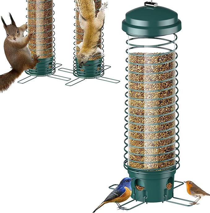 LCSEVEN Bird Feeder for Outdoors Squirrel Proof Bird Feeders for Outside Hanging, Metal Wild Bird Seed Feeders for Bluebird, Cardinal, Finch, Sparrow, Blue Jay, 4 Ports, Chew-Proof, Weather-Resistant