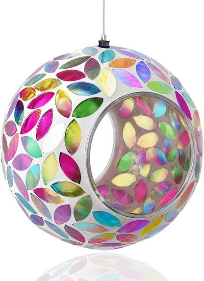 Yinns Bird Feeder - Mosaic Glass Birds Feeder Outside Hanging, Fly Through Bird Feeder with Oval Stained Glass, Outdoor Garden Decor, 6.5 inch Colorful
