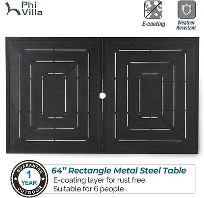 PHI VILLA 7 Piece Outdoor Dining Set for 6, 64" Wrought Iron Dining Table with Umbrella Hole & Cushioned Rattan Chairs for Patio, Yard, Porch, Deck