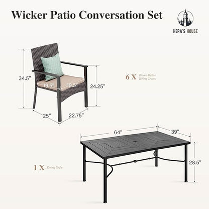HERA'S HOUSE 7-Piece Patio Dining Set, 6 x Outdoor Rattan Armchair with Removable Soft Cushions and 1 x Rectangular Metal Dining Table, All-Weather Resisitant, Suitable for Lawn, Garden, Backyard