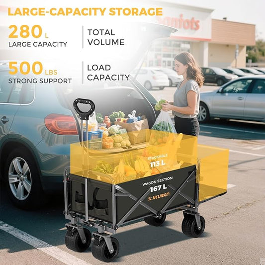 Collapsible Wagon Cart with Removable Tabletop, 500LBS Folding Wagons with Extended Tailgate, Big All-Terrain Wheels, Heavy Duty Utility Wagon Carts for Beach, Picnic, Grocery, Outdoor