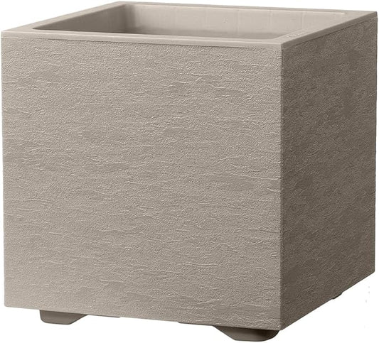 Deroma Gravity 10” Cube Planter | Light & Durable Plastic | Indoor or Outdoor Square Pot for Patio/Porch | Includes Water Reserve & Drain Plug | Trendy Planter for Plants, Flowers, Garden | Sandstone