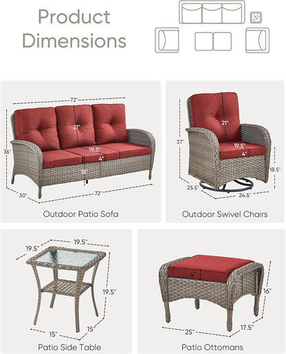 HUMMUH 6 Pieces Outdoor Patio Furniture-PE Rattan Wicker Sofa with Patio Swivel Rocking Chairs Patio Furniture for Deck Lawn Porch Balcony Poolside-Grey/Red