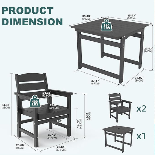 3-Piece HIPS Patio Dining Set, Outdoor Dining Table and Chairs Set with Umbrella Hole, Weatherproof Dining Table Set for 2 Person, Patio Furniture Set for Outside Deck, Black