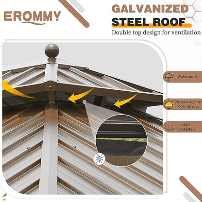 EROMMY 12'x24' Hardtop Gazebo Double Roof Galvanized Steel Canopy Outdoor Aluminum Frame Permanent Metal Pavilion with Netting and Curtains for Patio Backyard Deck and Lawns